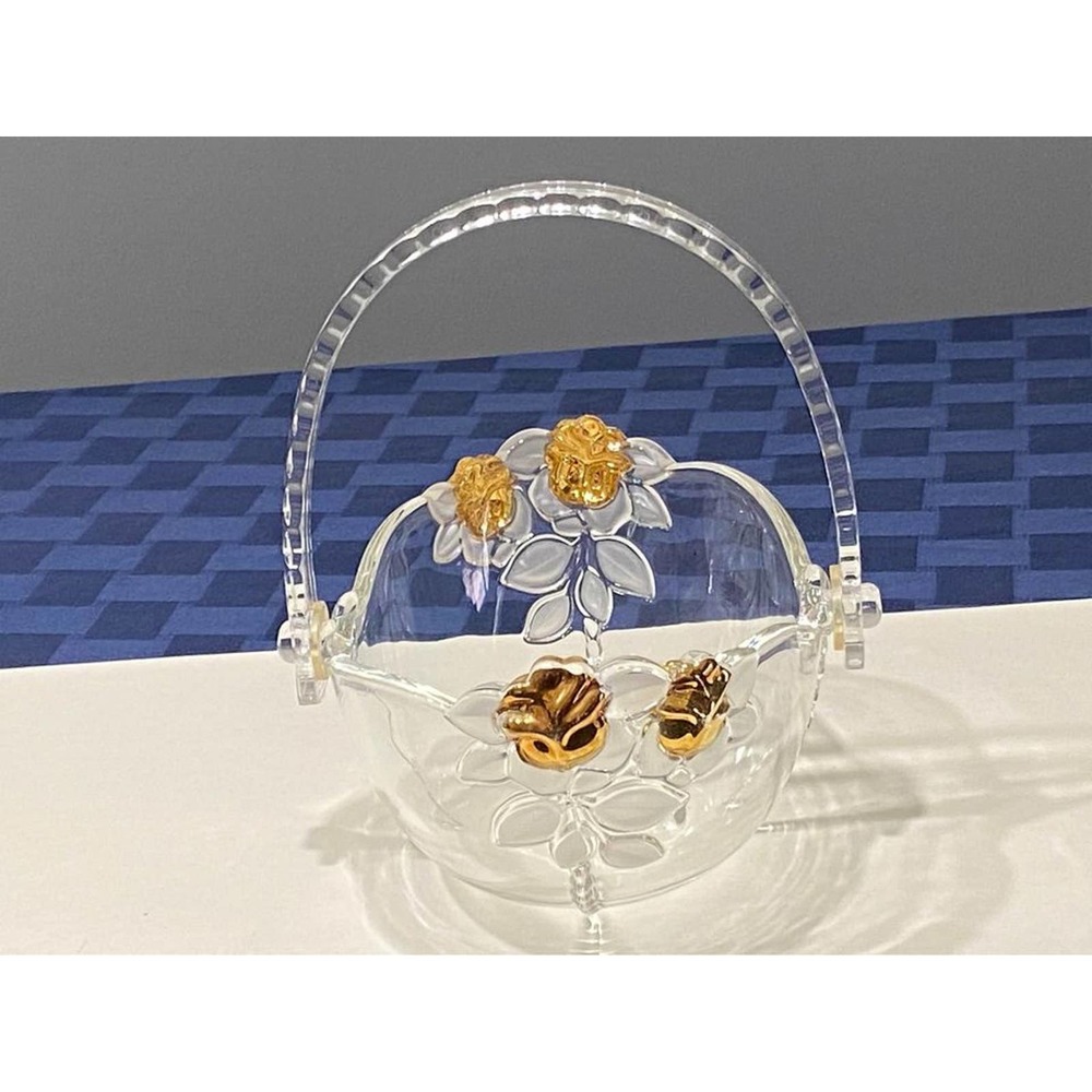 MIKASA GLASS BASKET PLASTIC REMOVABLE HANDLE GOLD ROSES W/FROSTED LEAVES 8" LONG